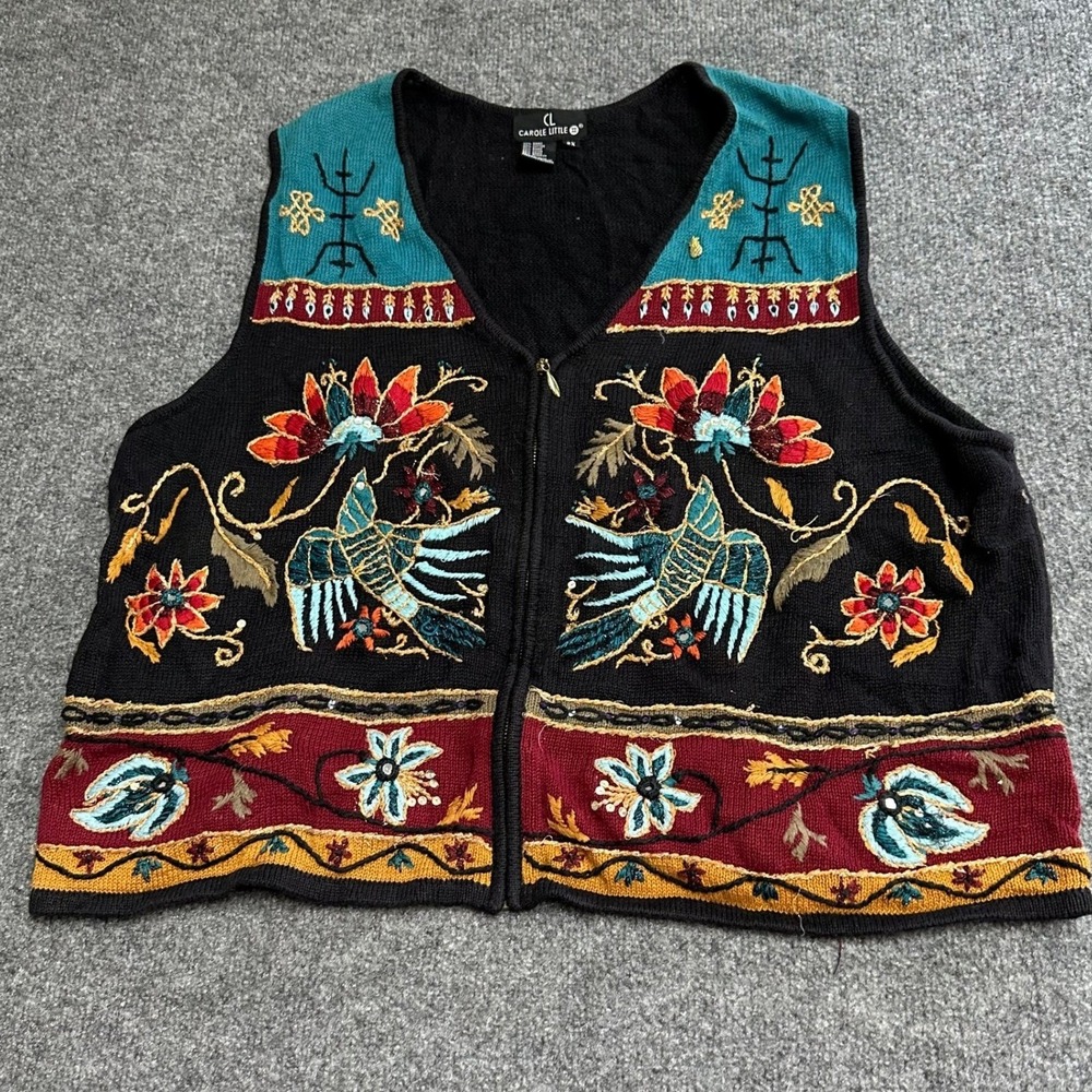 Carole Little Vest Womens Size 2X Black Ramie Cotton Floral Bird Embroidered Zip
